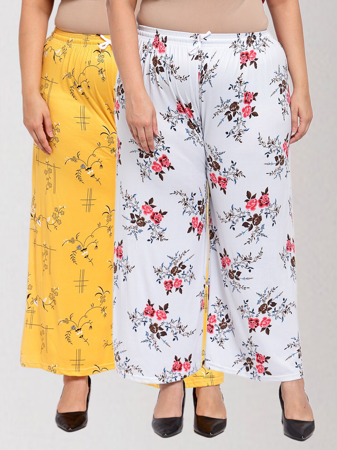 

KLOTTHE Women Pack Of 2 White & Yellow Floral Printed Palazzos