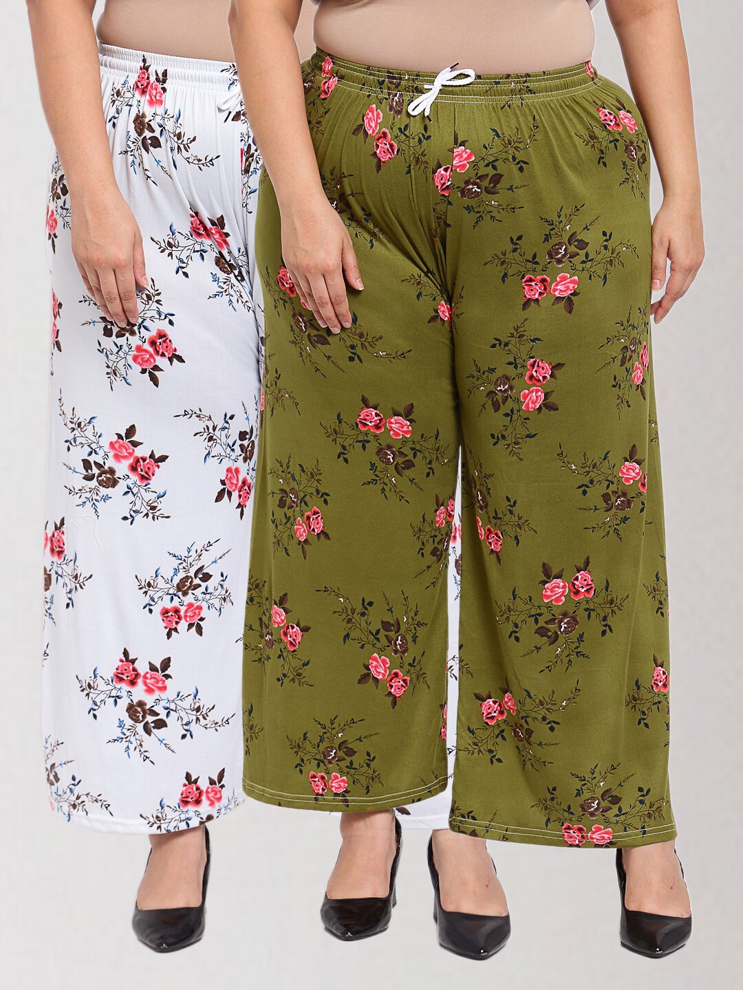 

KLOTTHE Women Pack Of 2 Floral Printed Knitted Palazzos, Green