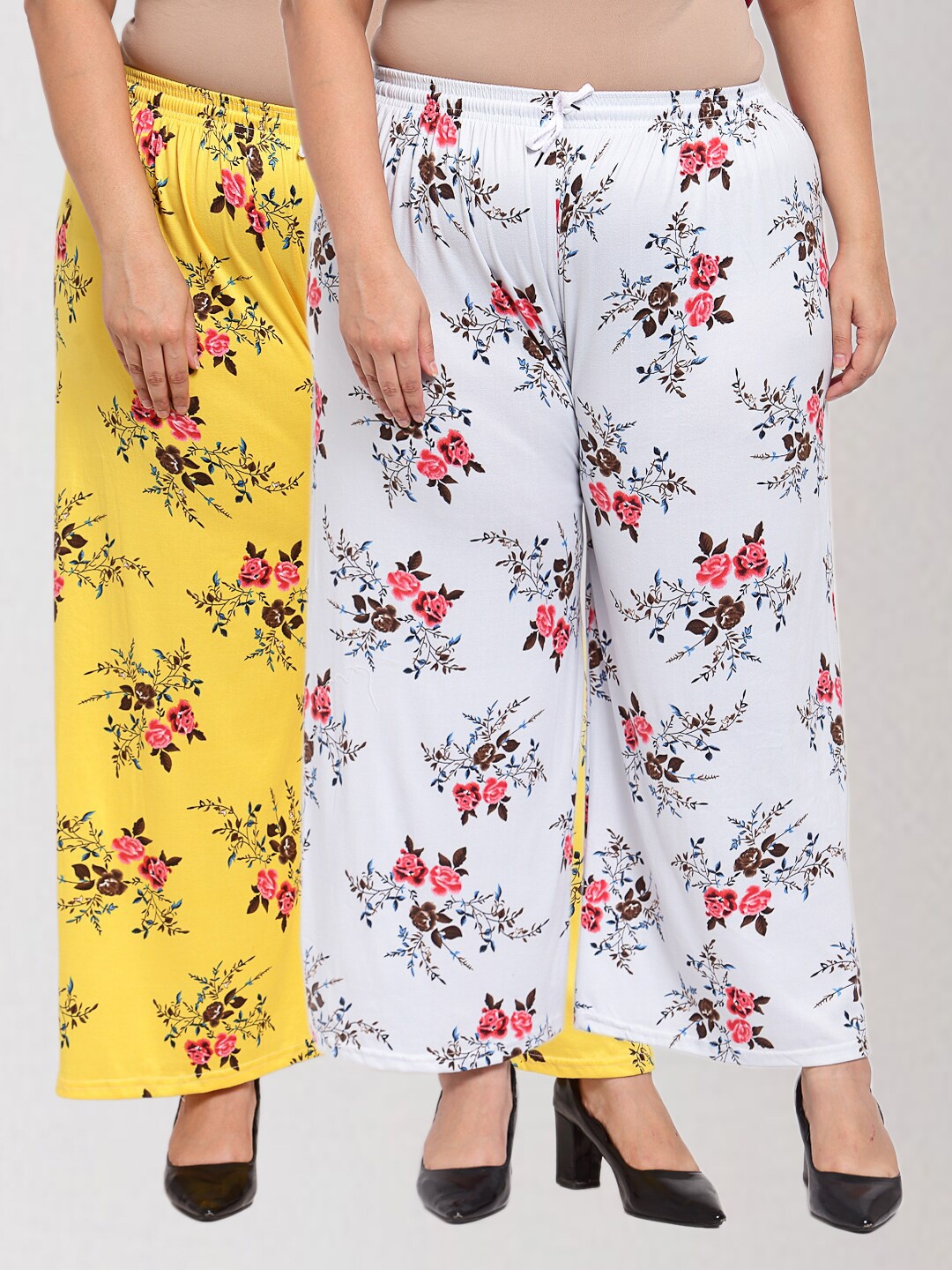 

KLOTTHE Women Pack of 2 White & Yellow Printed Palazzos