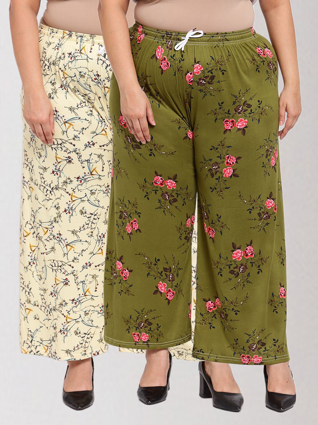 

KLOTTHE Plus Size Women Multicoloured Pack of 2 Floral Printed Knitted Palazzos, Multi