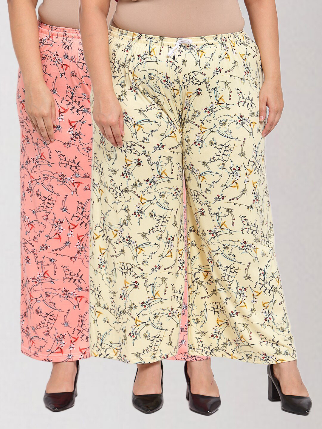

KLOTTHE Women Set of 2 Peach-Coloured & Yellow Floral Printed Knitted Palazzos