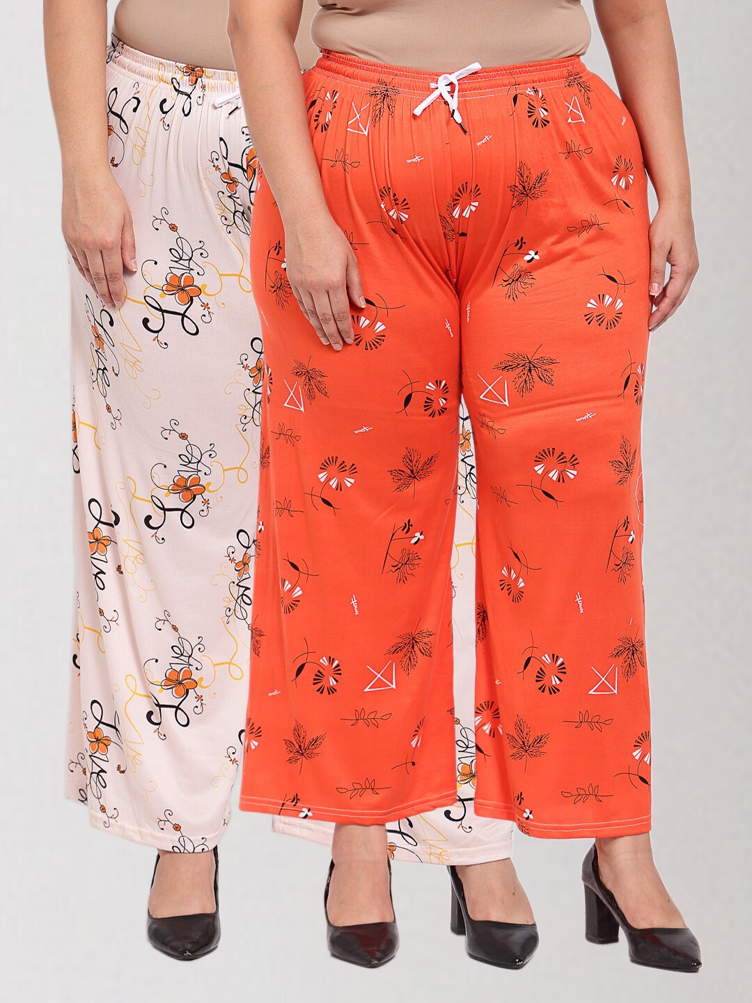 

KLOTTHE Women Orange & Cream-Coloured 2 Floral Printed Palazzos