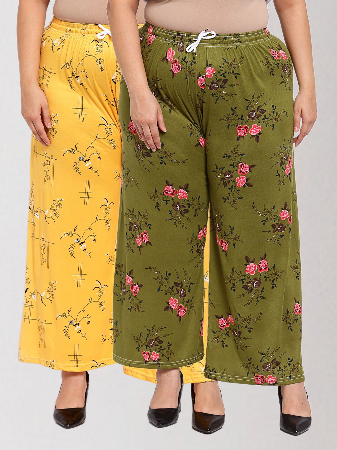 

KLOTTHE Women Plus Size Pack Of 2 Green & Yellow Floral Printed Wide Leg Palazzos