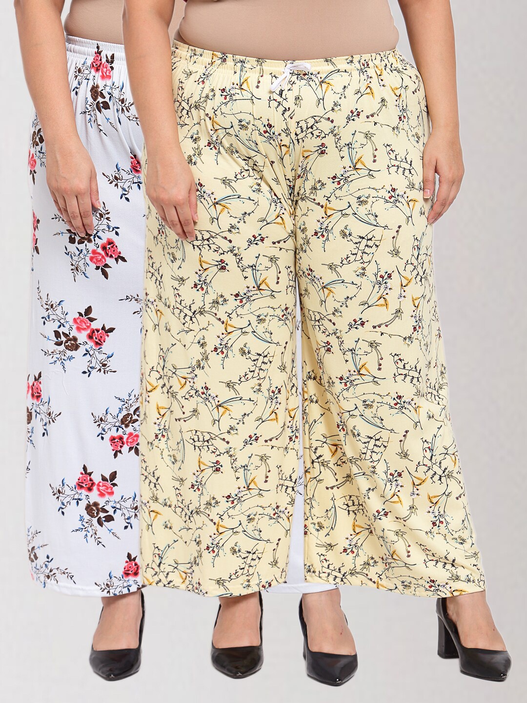 

KLOTTHE Women Cream-Coloured & White Pack of 2 Floral Printed Knitted Palazzos