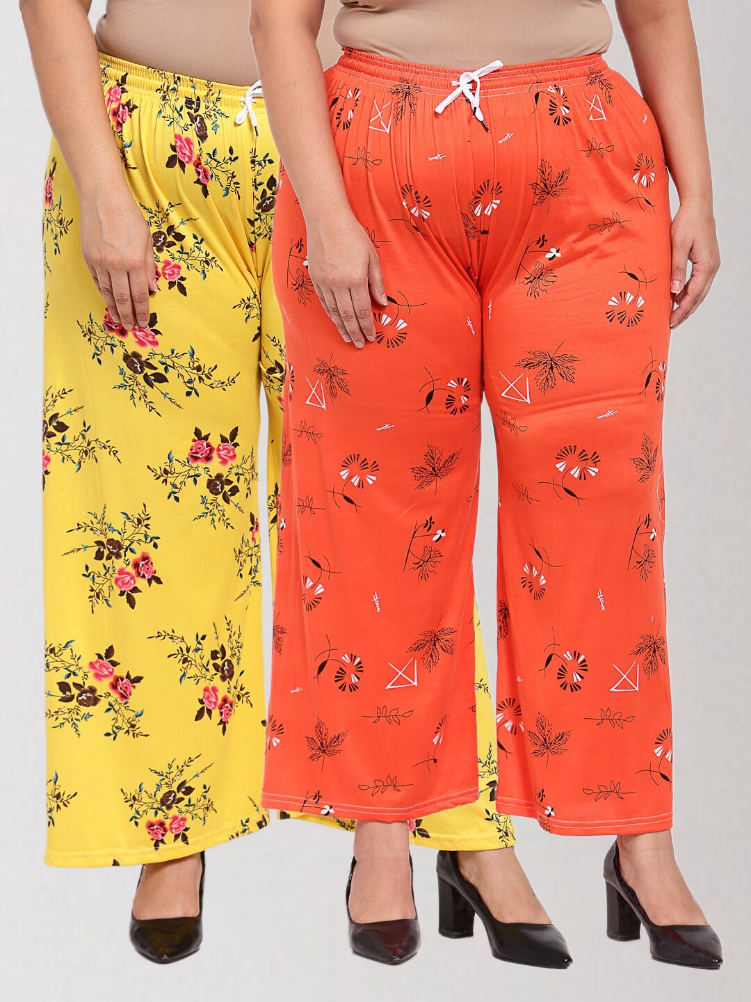 

KLOTTHE Women Yellow & Orange 2 Floral Printed Knitted Palazzos
