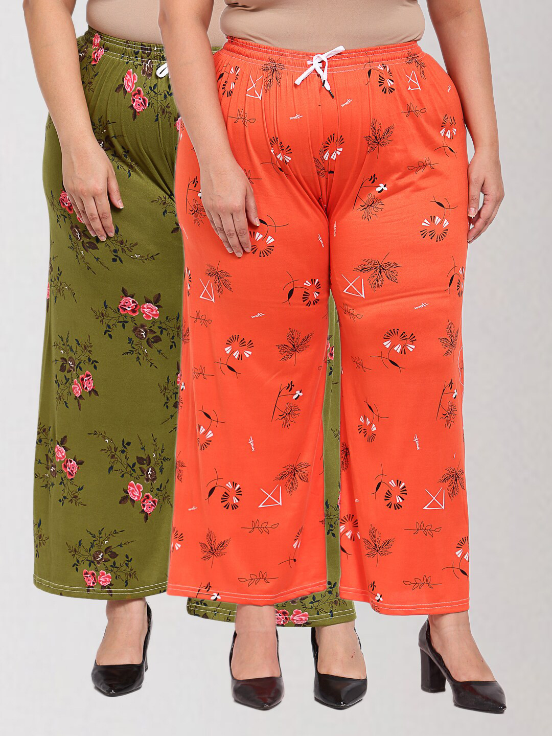 

KLOTTHE Women Set of 2 Green & Coral Floral Printed Palazzos