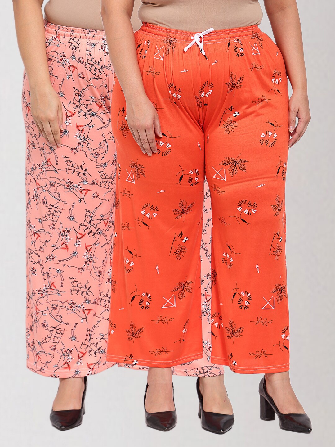 

KLOTTHE Women Pack Of 2 Orange & Pink Floral Printed Knitted Palazzos