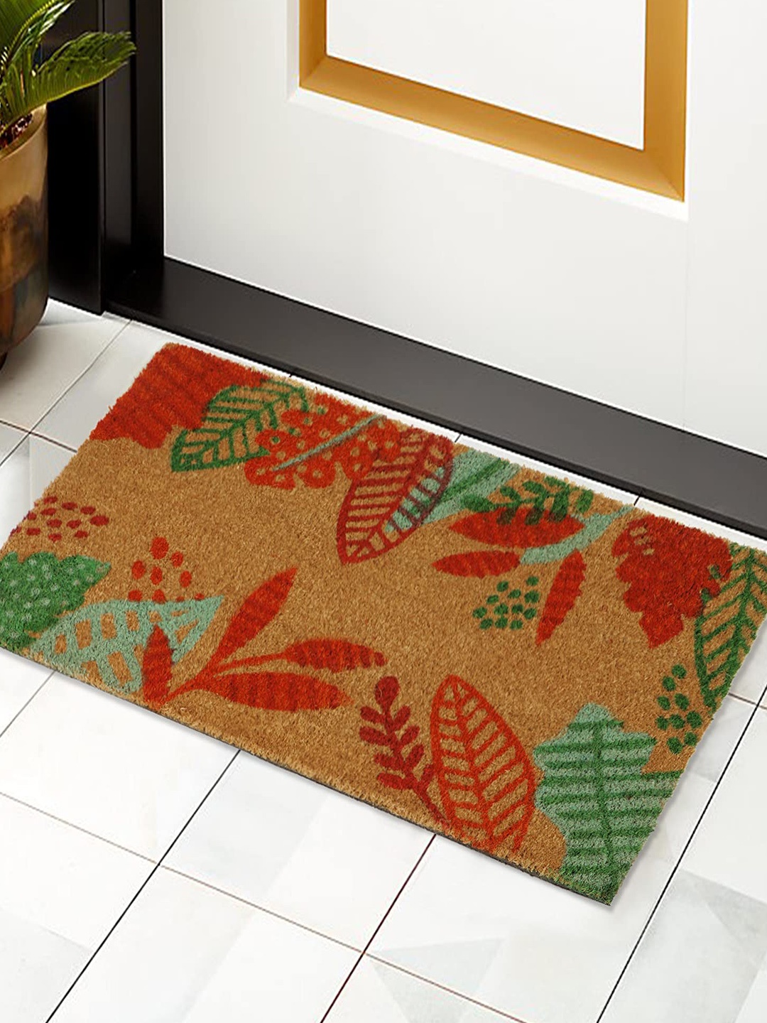 

HOKIPO Brown & Orange Printed Anti-Skid Coir Doormat