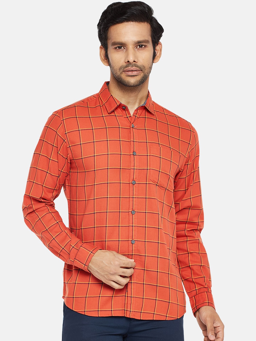 

BYFORD by Pantaloons Men Orange Slim Fit Opaque Windowpane Check Pure Cotton Casual Shirt