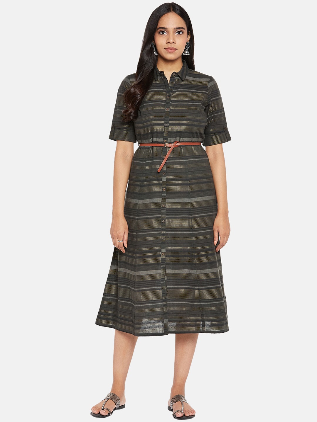 

AKKRITI BY PANTALOONS Olive Green & Charcoal Grey Striped Shirt Midi Dress