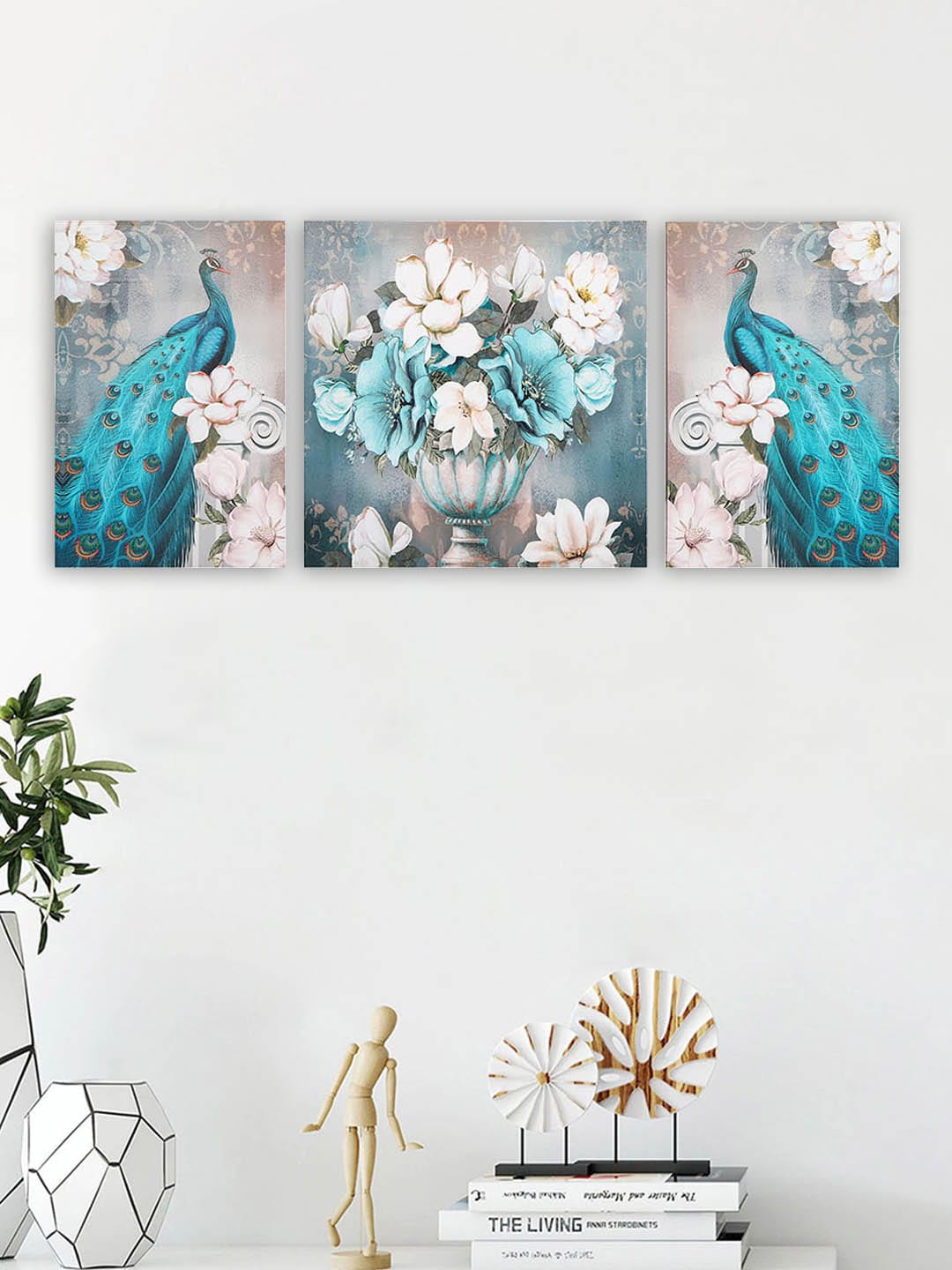 

TIED RIBBONS Set Of 3 Grey & Blue Hand-Painted Wooden Peacock Framed Wall Art