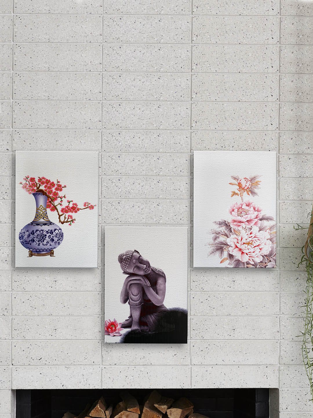 

TIED RIBBONS Unisex Set Of 3 White & Red Printed Lord Buddha Wall Art Painting