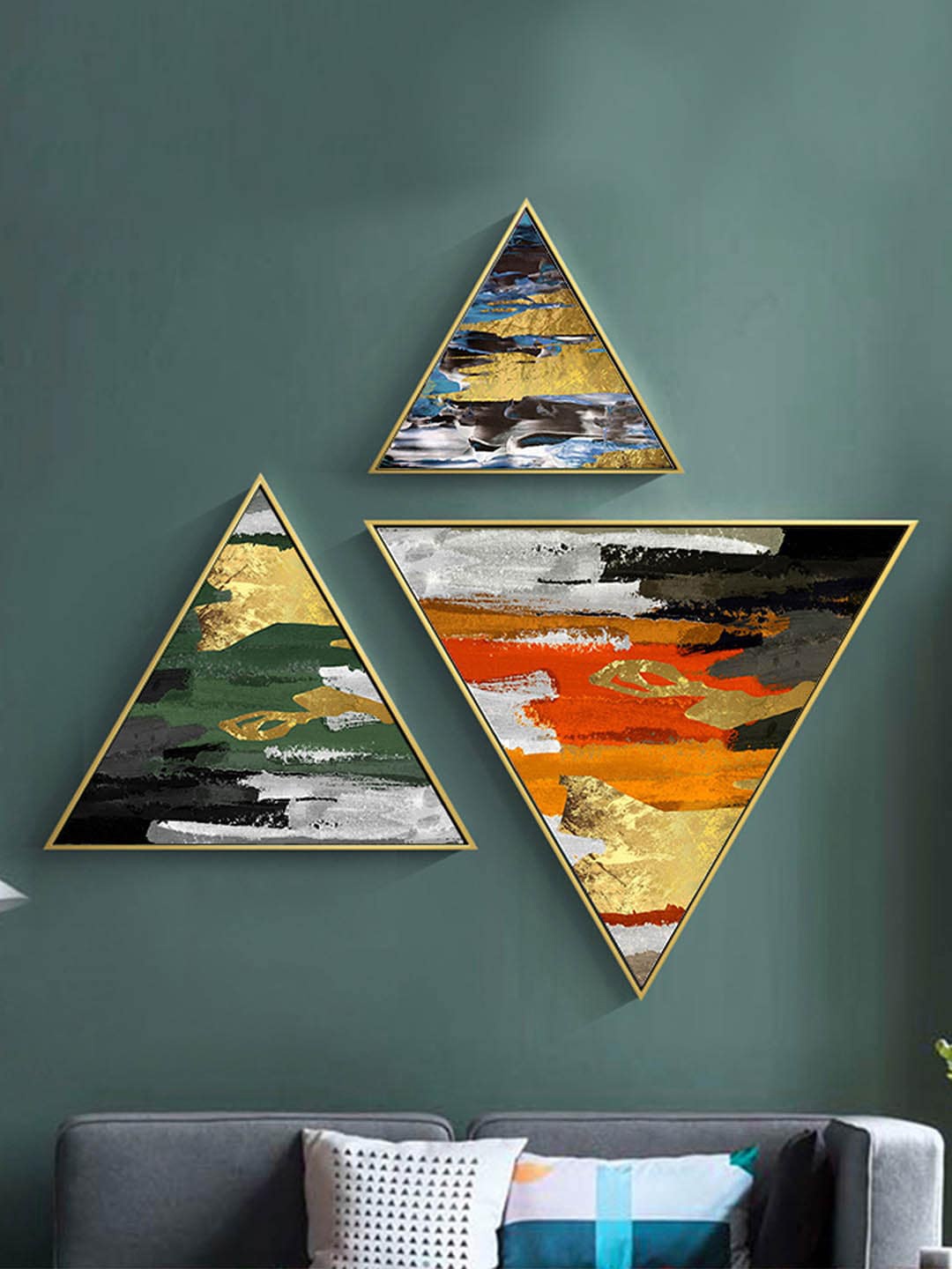

TIED RIBBONS Set Of 3 Multicoloured Triangle Wall Arts Painting, Gold