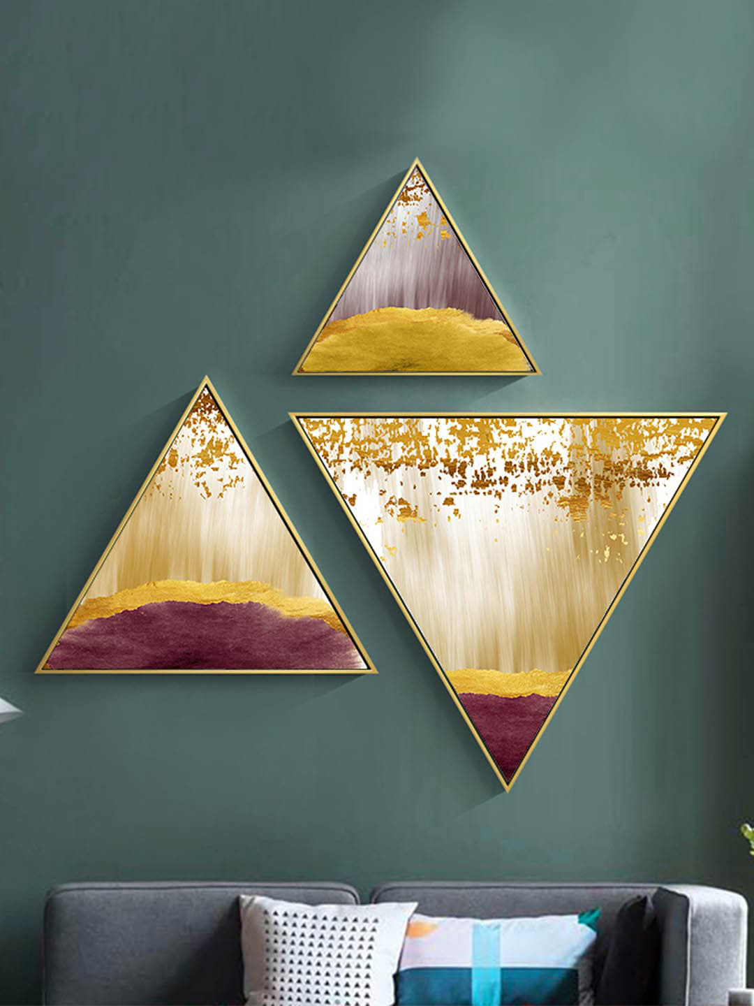

TIED RIBBONS Set Of 3 Brown & Yellow Hand-Painted Triangle Wooden Framed Wall Art