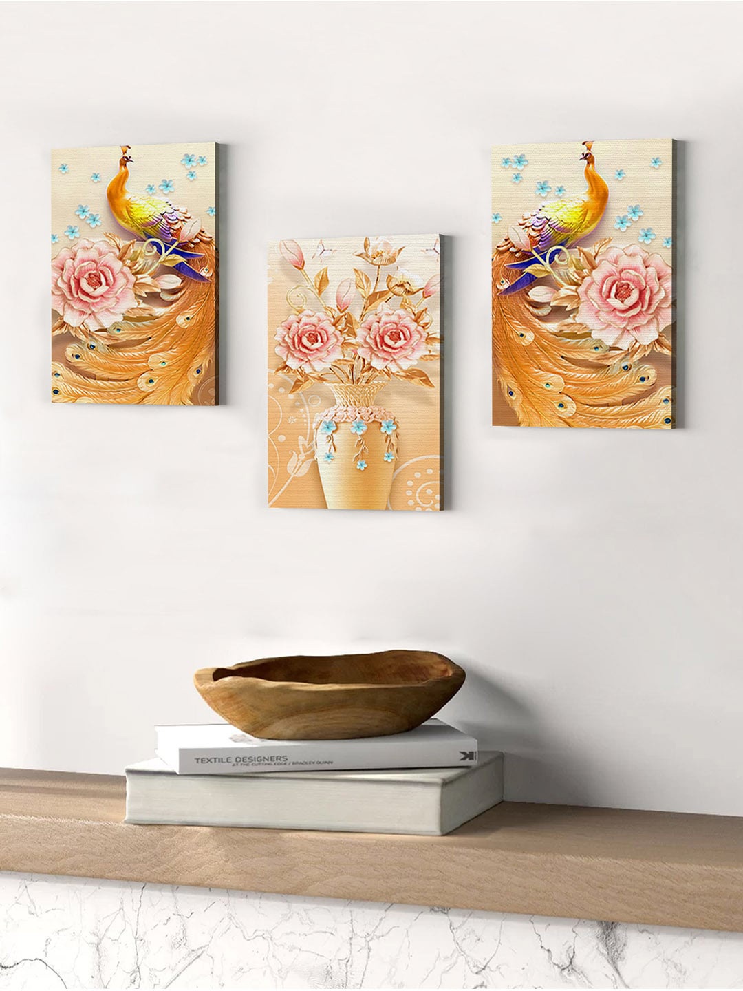 

TIED RIBBONS Set Of 2 Brown & Yellow Decorative Peacock Wall Art Painting