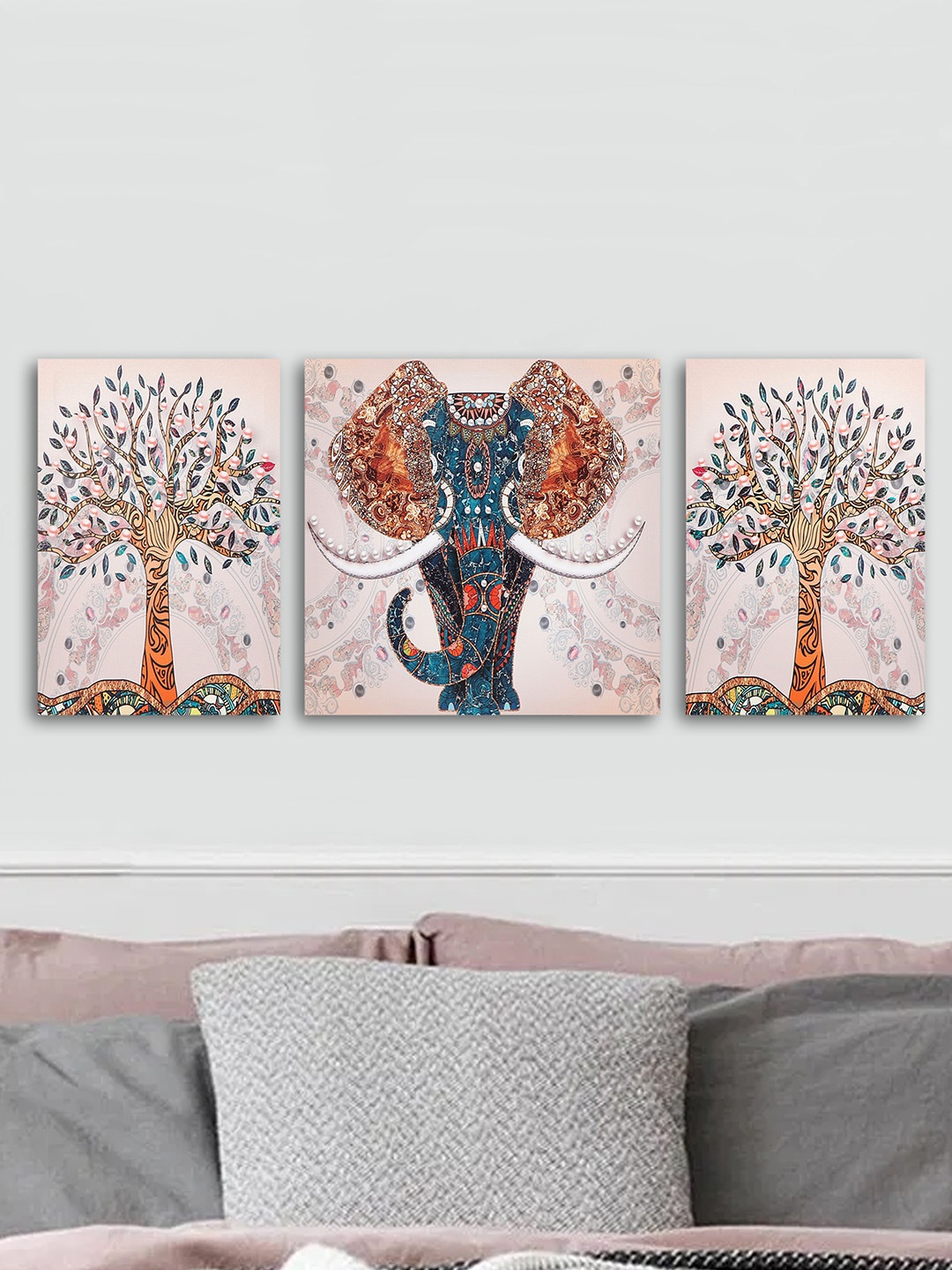 

TIED RIBBONS Set Of 3 Beige & Blue Elephant Wall Paintings