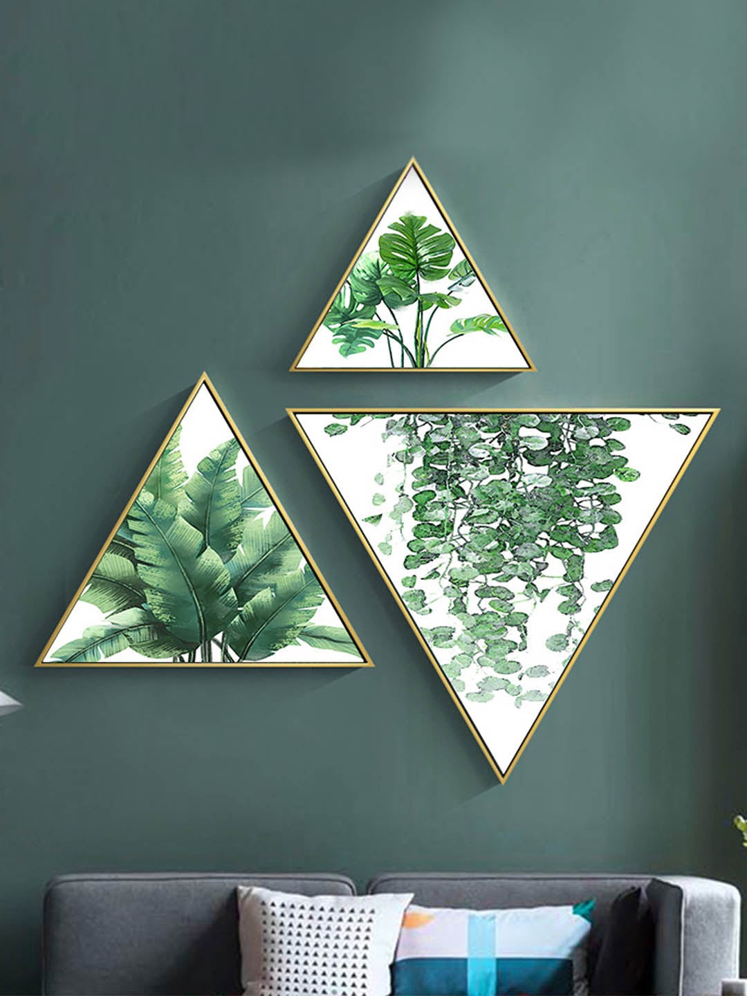 

TIED RIBBONS Set Of 3 White & Green Leaf Hand-Painted Wooden Framed Wall Art