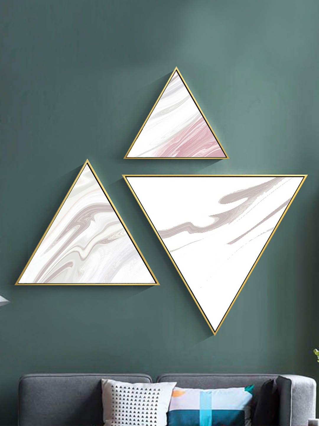 

TIED RIBBONS Set Of 3 White & Pink Printed Triangle Canvas Painting