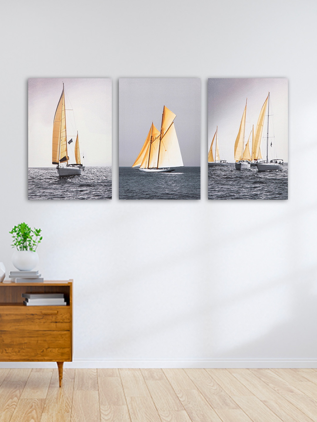 

TIED RIBBONS Set Of 3 White & Grey Boats In Sea Hand-Painted Wooden Framed Wall Art, Orange