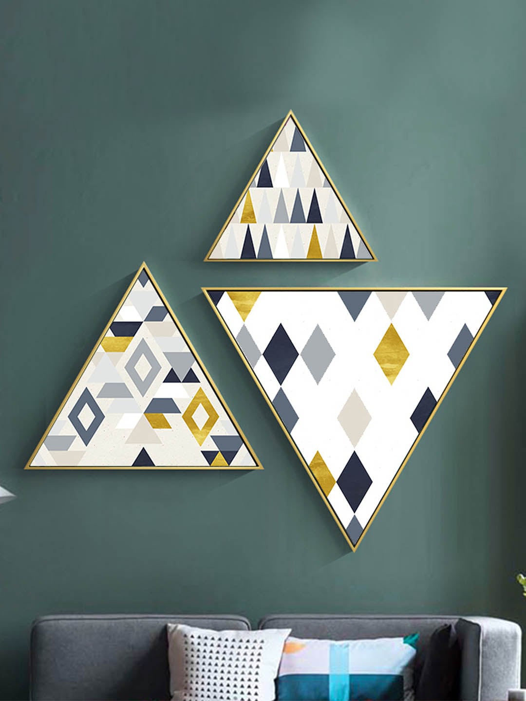 

TIED RIBBONS Set Of 3 White & Grey Decorative Triangle Canvas Painting
