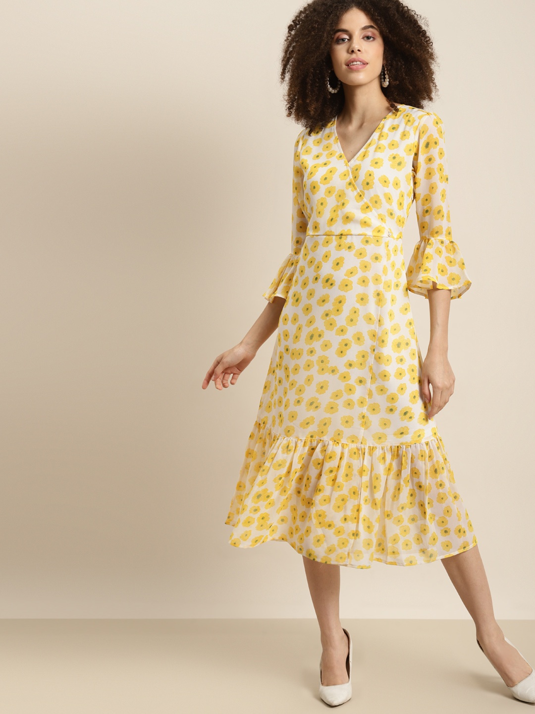 

Qurvii Yellow & Off White Floral Georgette A-Line Midi Dress