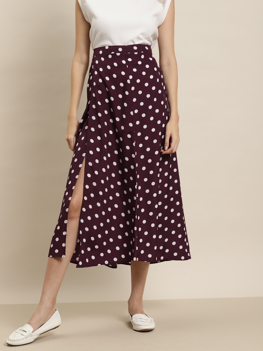 

Qurvii Women Burgundy Printed Polka Dots A-Line Midi Skirt