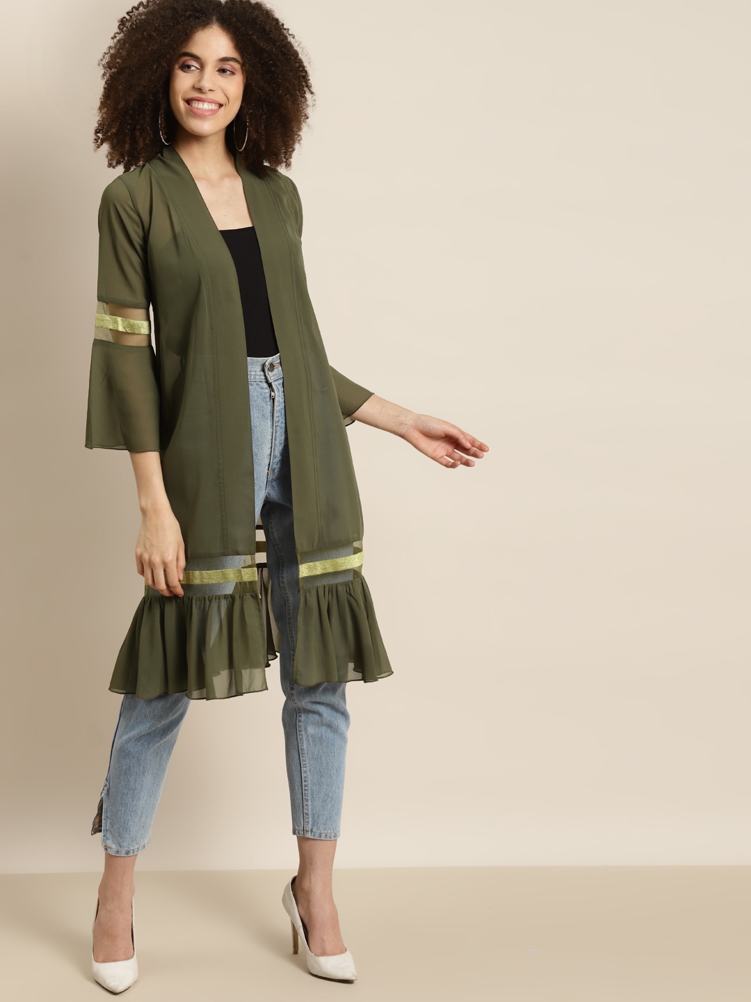 

Qurvii Women Olive Green Longline Shrug