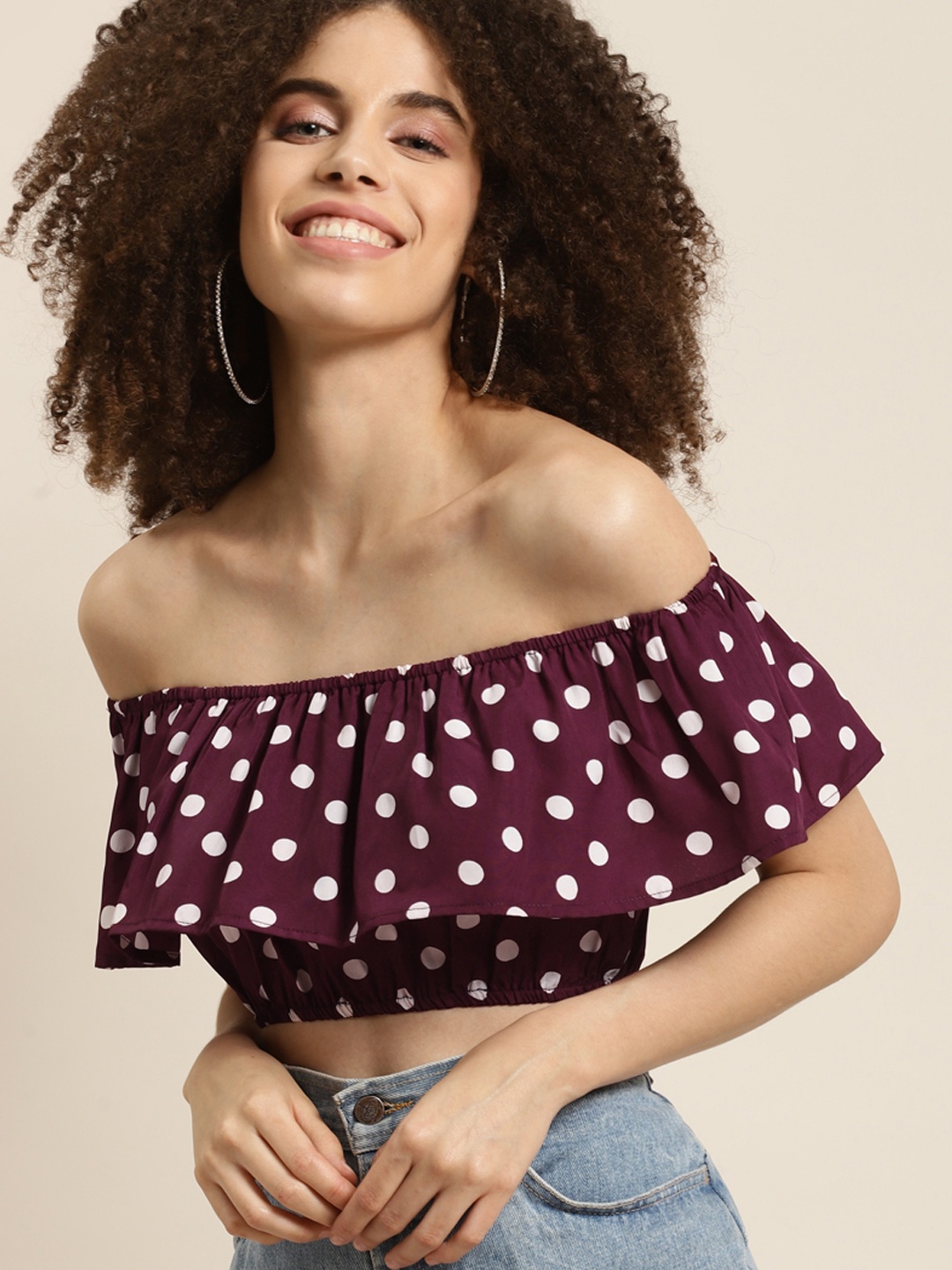 

Qurvii Burgundy & White Off-Shoulder Ruffles Crepe Fitted Crop Top