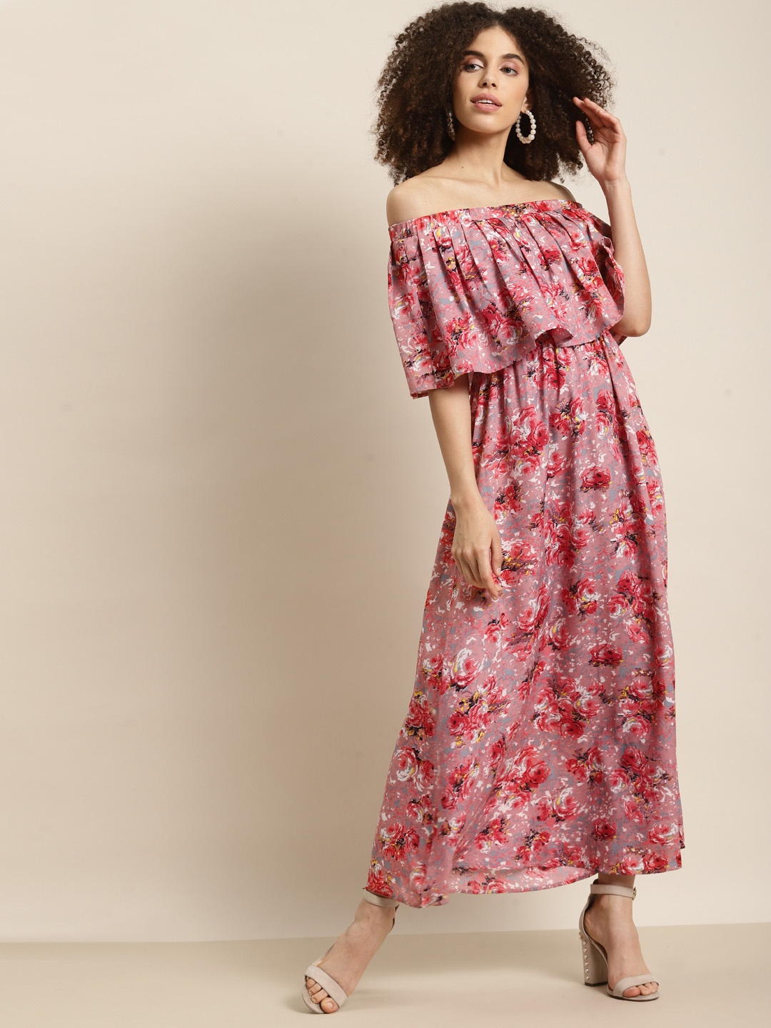 

Qurvii Peach-Coloured & Red Floral Off-Shoulder Crepe A-Line Maxi Dress