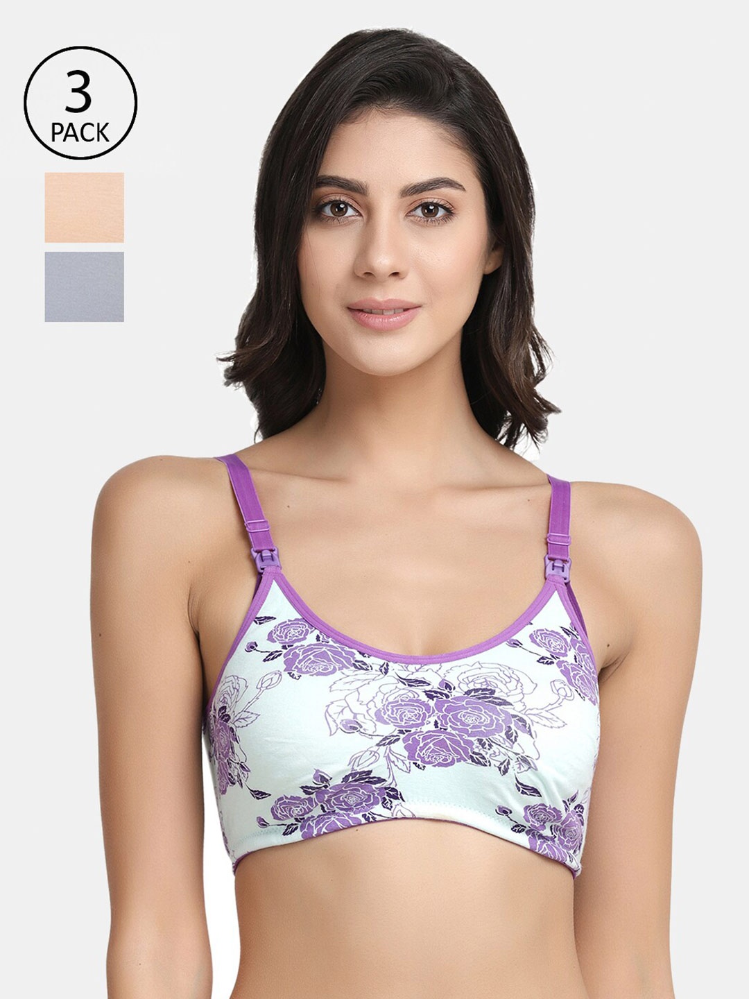 

Inner Sense Pack of 3 Beige & Grey Floral Antimicrobial Maternity Bra