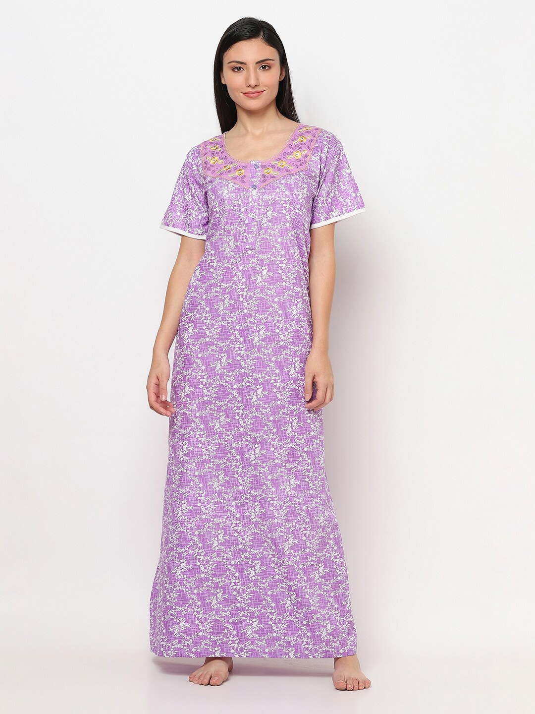 

TRUNDZ Women Purple Printed Maxi Nightdress