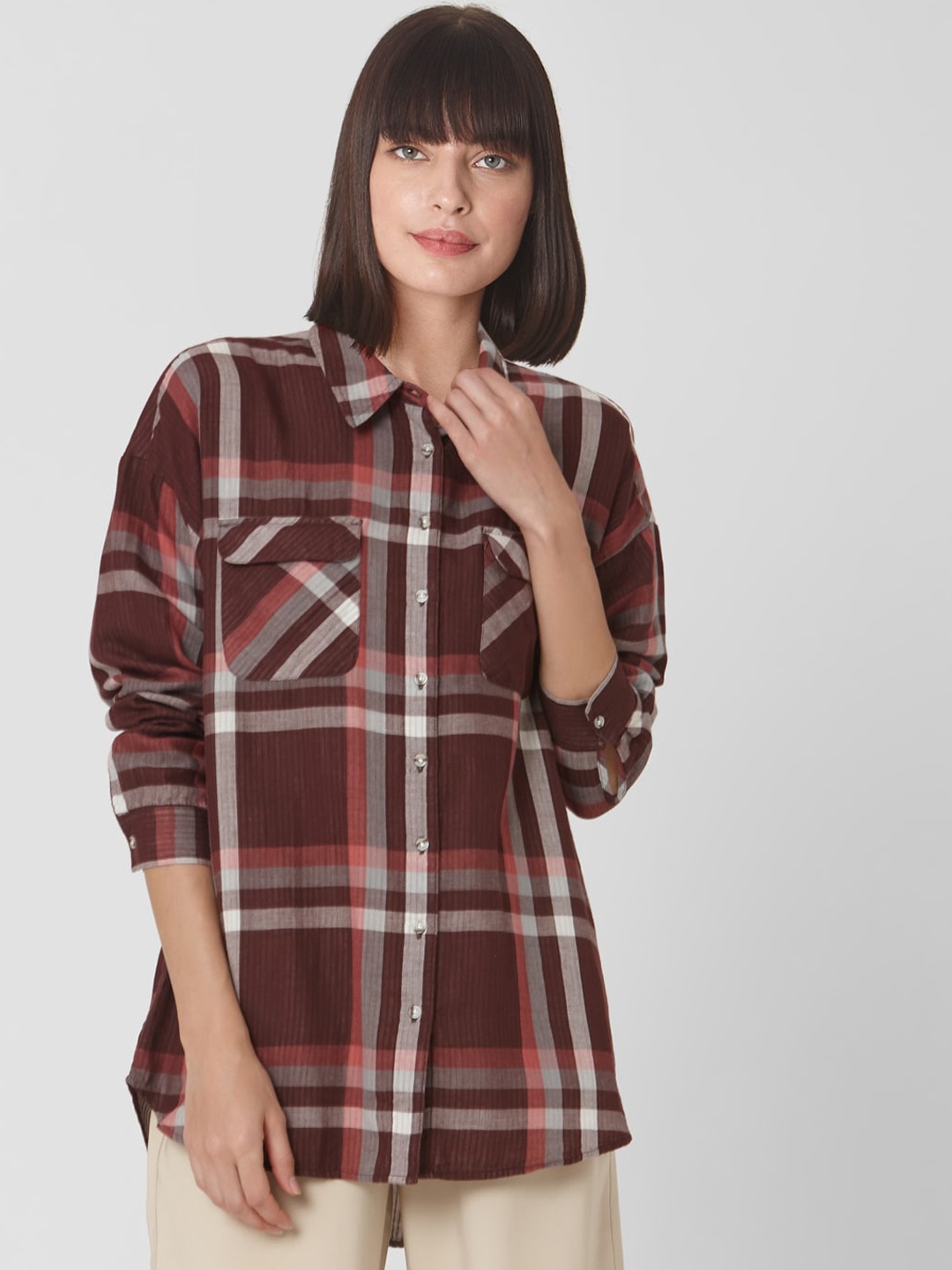 

Vero Moda Women Brown & White Opaque Checked Cotton Casual Shirt