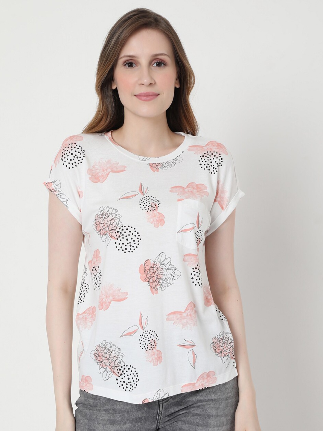 

Vero Moda Women White Floral Printed Extended Sleeves T-shirt