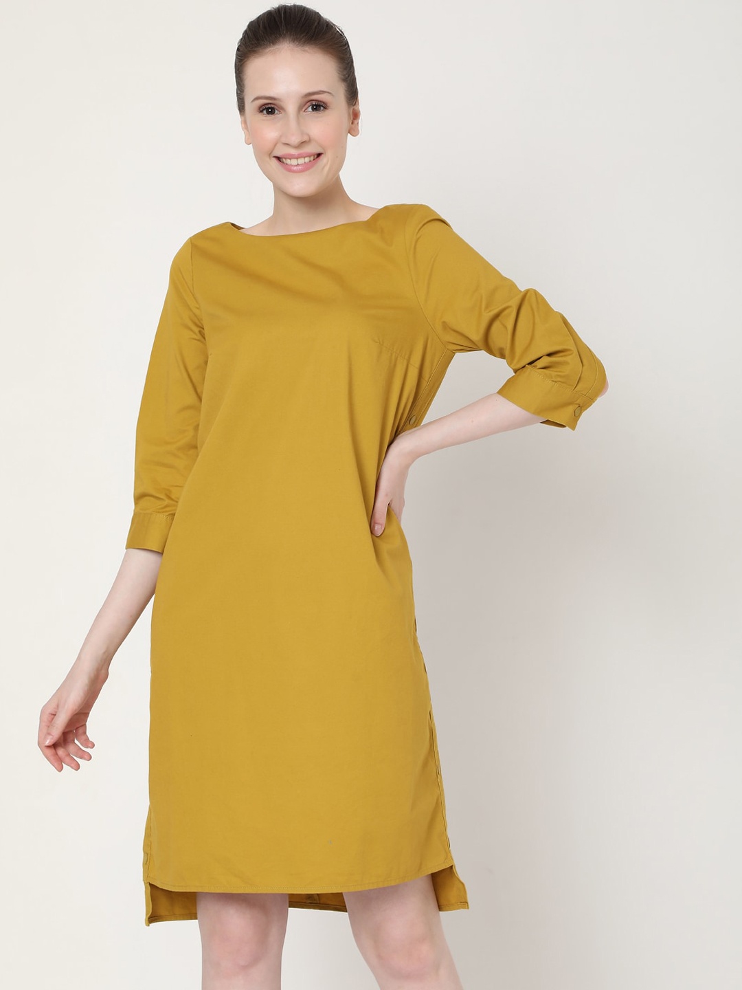 

Vero Moda Women Mustard Yellow Cotton A-Line Dress