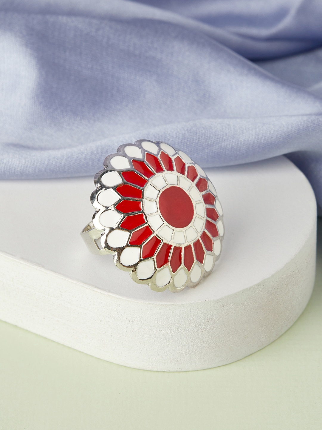 

Anouk Silver-Plated Red & White Enamelled Handcrafted Adjustable Finger Ring