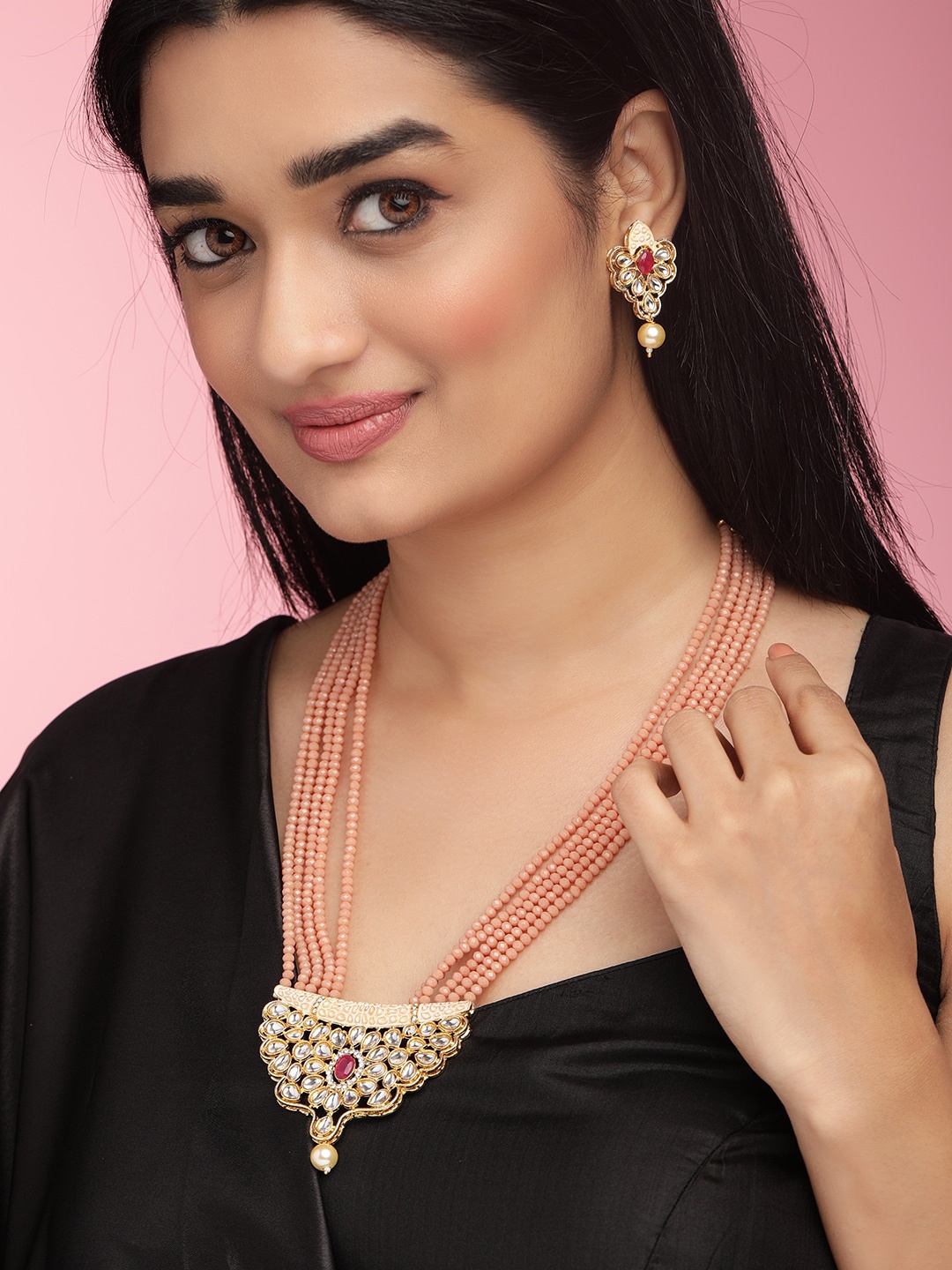 

Anouk Peach-Coloured & Gold-Toned Kundan Necklace Set