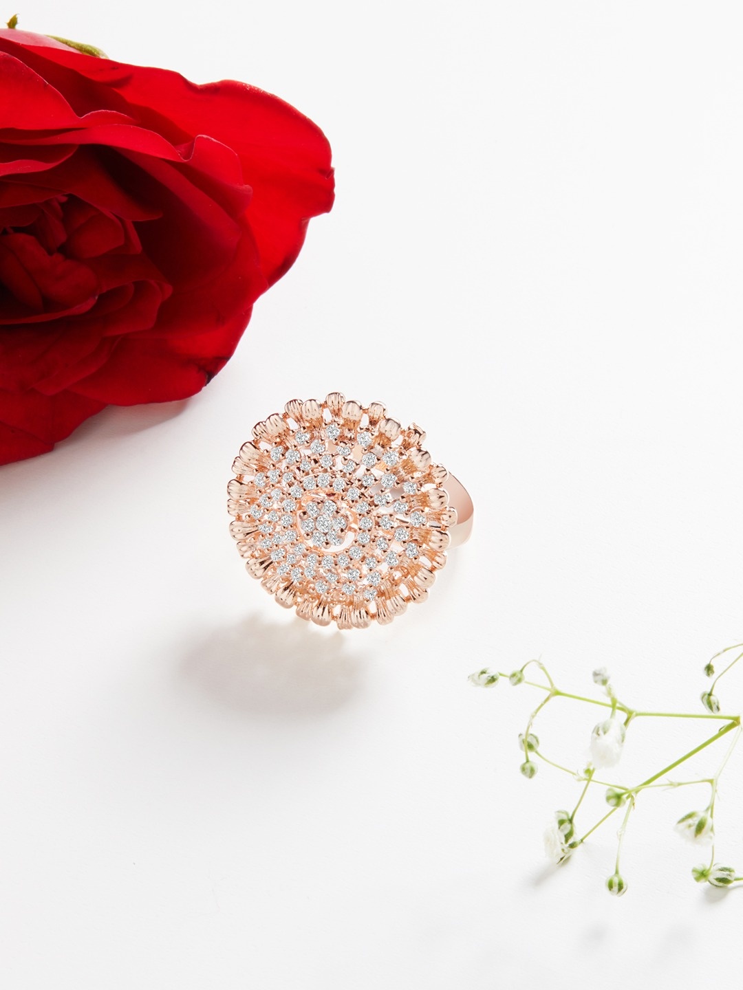 

AMI Rose Gold-Plated White CZ-Studded Adjustable Finger Ring