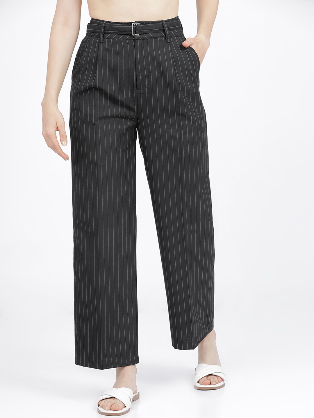 

Tokyo Talkies Women Black & White Striped High-Rise Pleated Belted Parallel Trousers