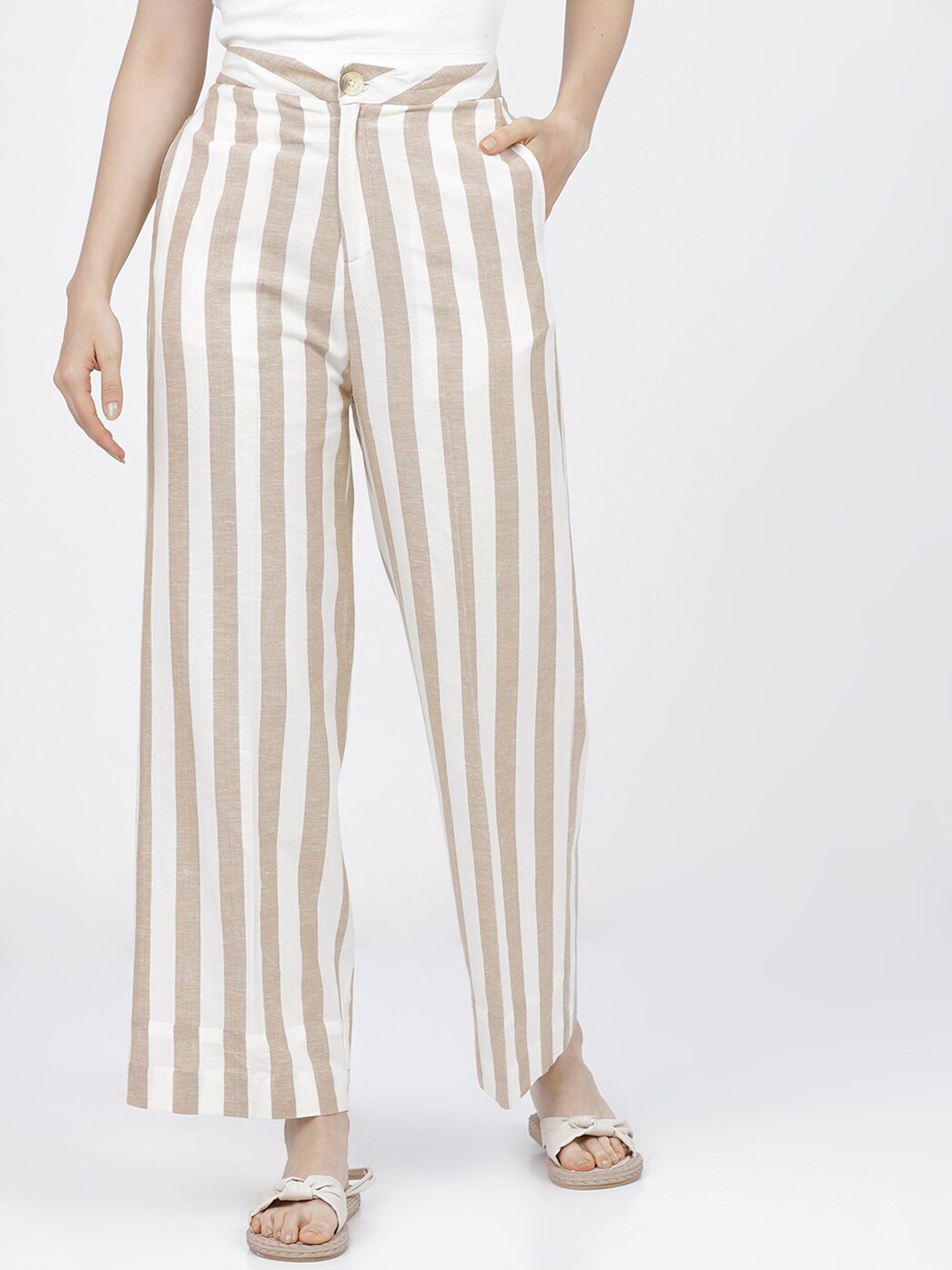 

Tokyo Talkies Women Cream-Coloured Striped Straight Fit Easy Wash Trousers