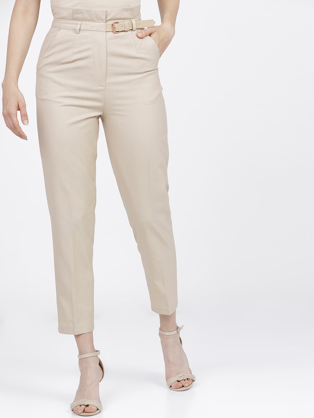 

CHIC BY TOKYO TALKIES Women Beige High-Rise Trousers