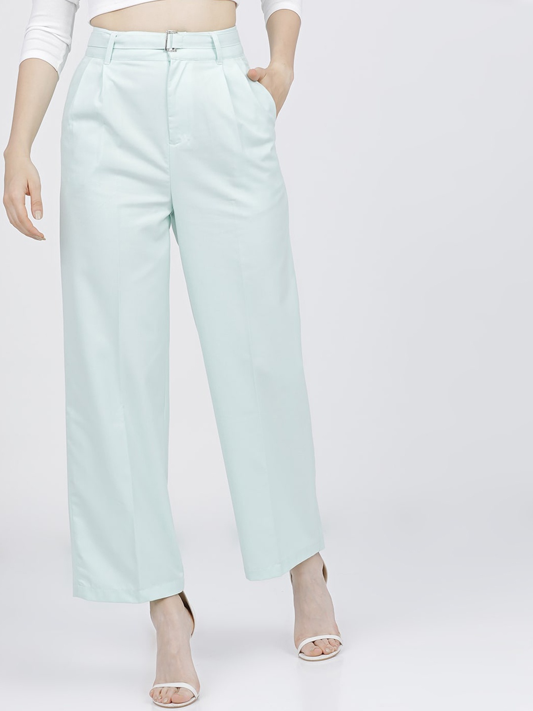 

Tokyo Talkies Women Mint Green Flared High-Rise Pleated Trousers