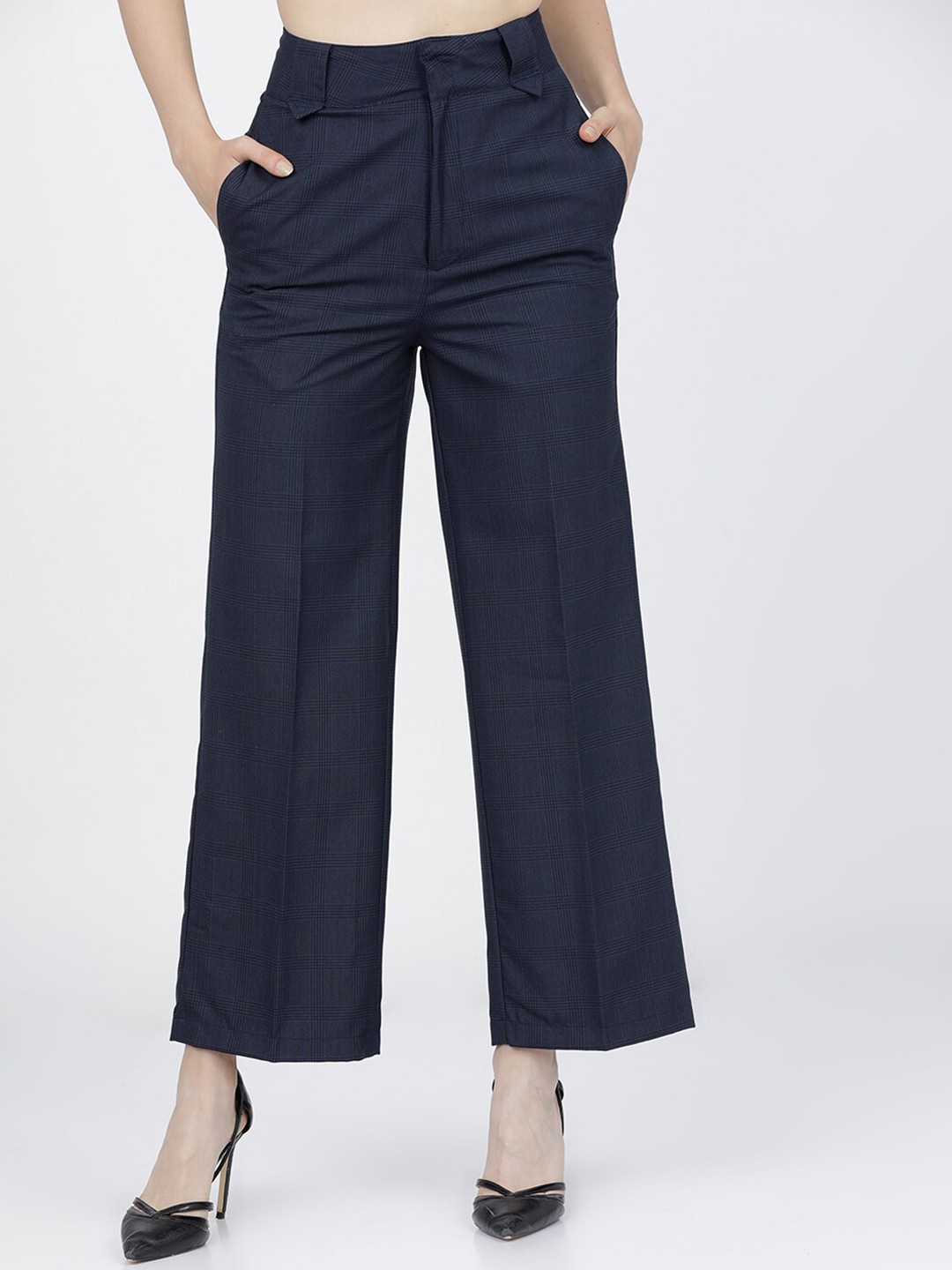

Tokyo Talkies Women Navy Blue Checked Flared High-Rise Parallel Trousers