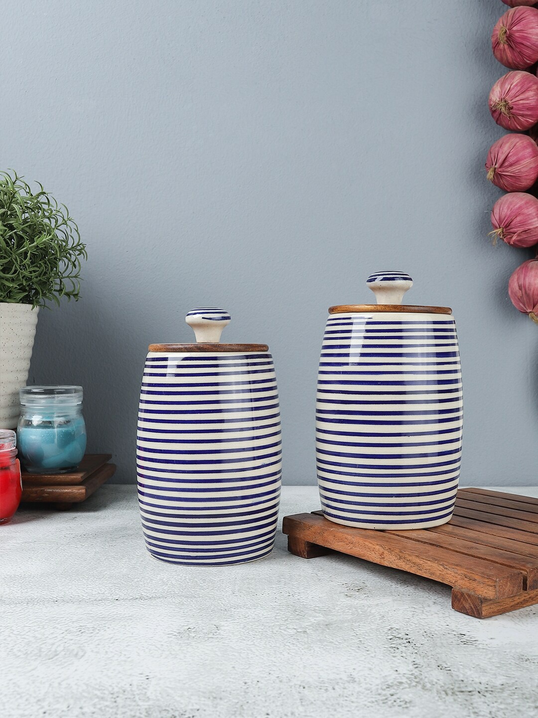 

VarEesha Set Of 2 Blue & White Striped Ceramic Handcrafted Canister