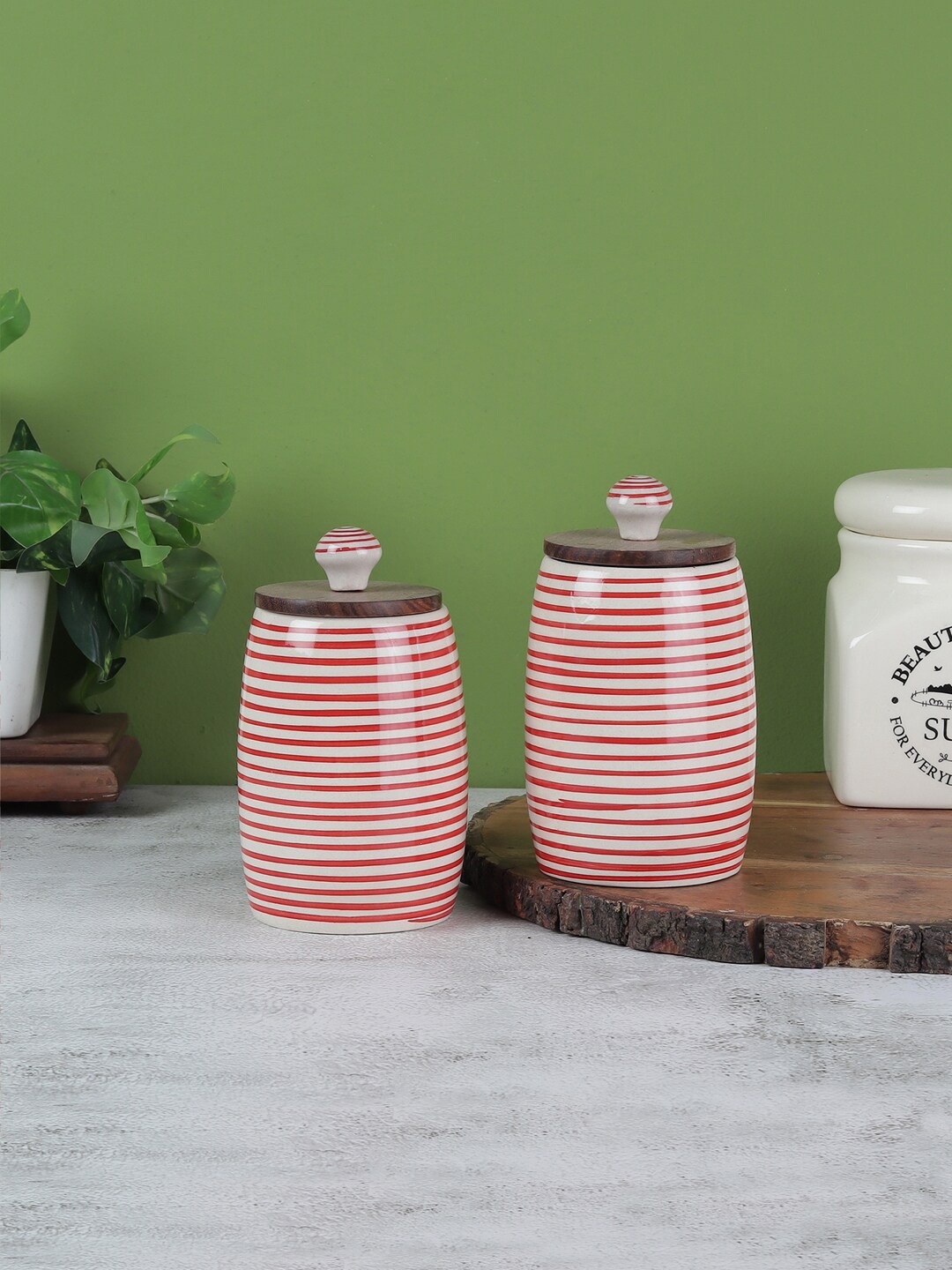 

VarEesha Set Of 2 Red & White Spiral Handcrafted Leak Proof Ceramic Jars