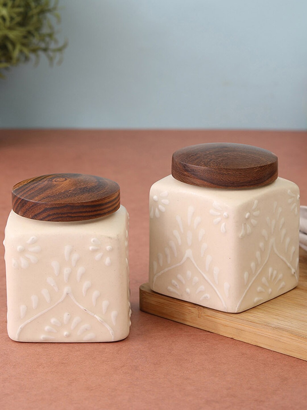 

VarEesha Set Of 2 White & Brown Handcrafted Ceramic Pickle Jars With Wooden Lids