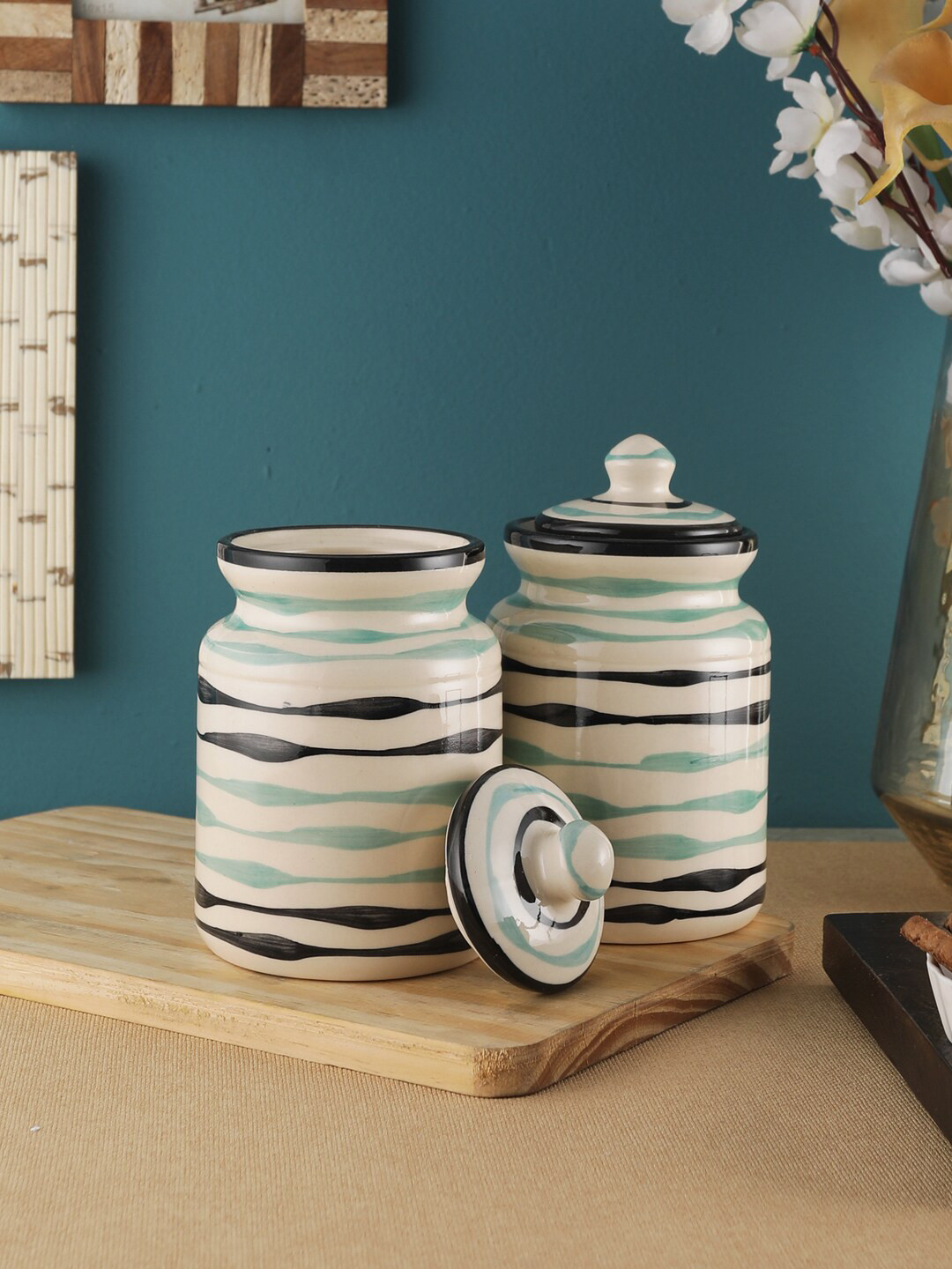 

VarEesha Set Of 2 Off-White & Blue Mugdha Ceramic Jars