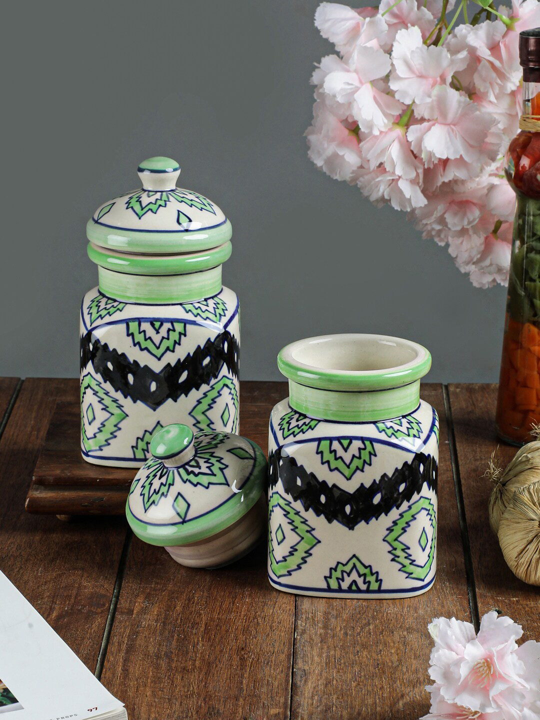 

VarEesha Set Of 2 Green & Black Aztec Air Tight Ceramic Jars