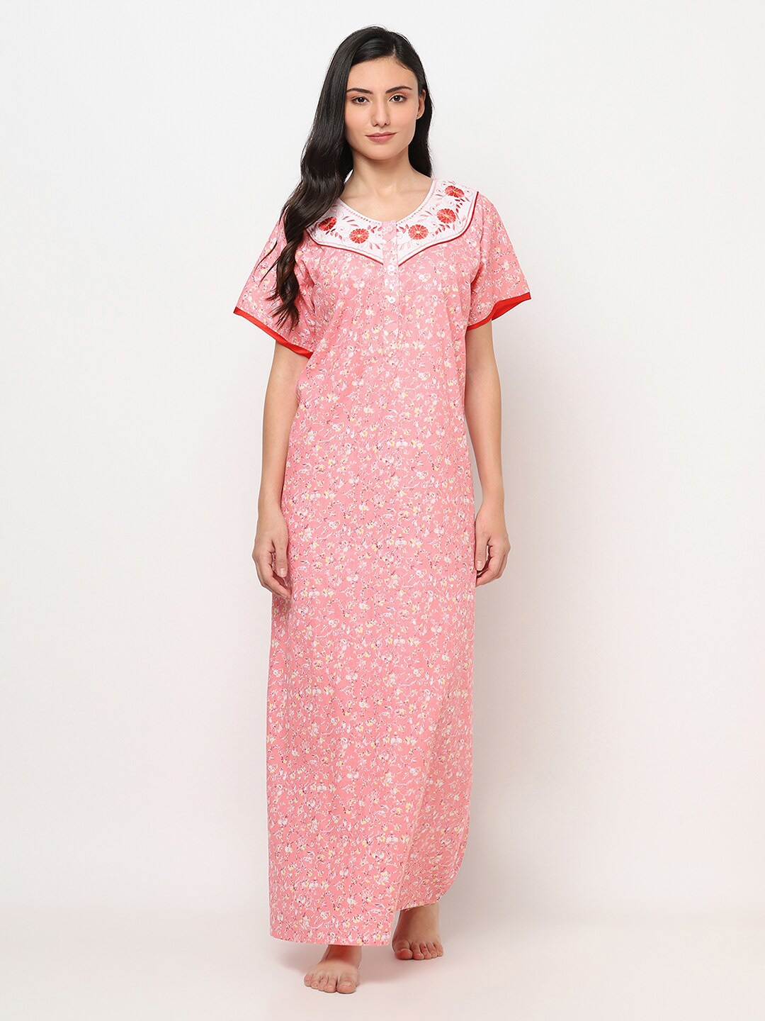 

TRUNDZ Peach-Coloured Printed Maxi Nightdress