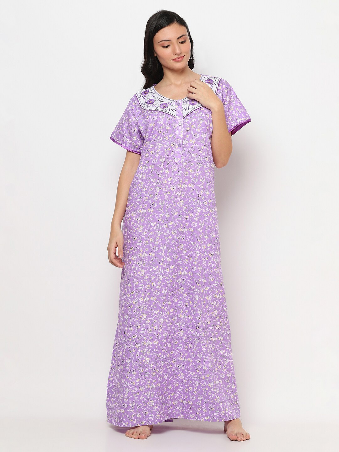 

TRUNDZ Purple Printed Cotton Maxi Nightdress