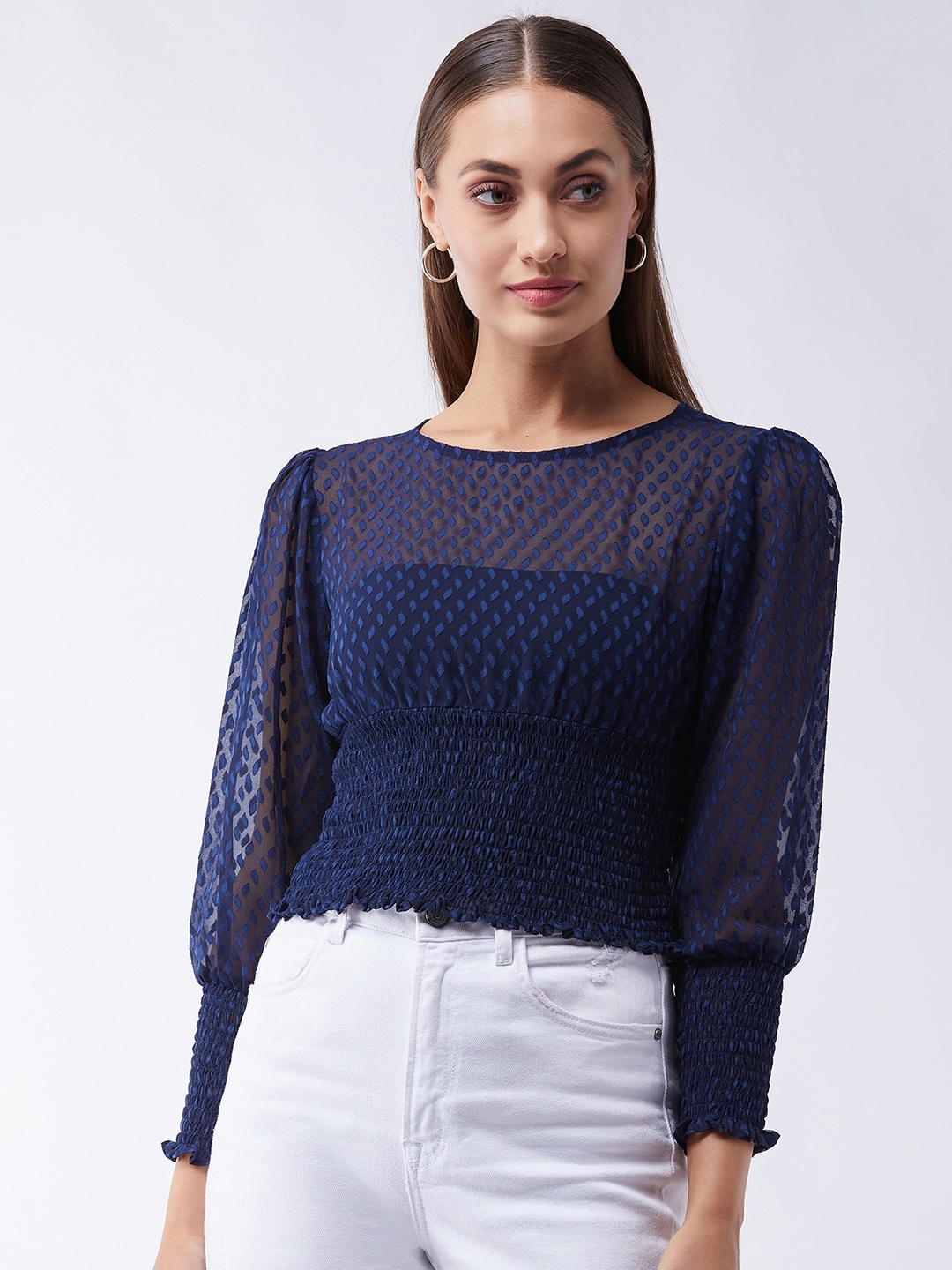 

MAGRE Blue Georgette Smocking Regular Top